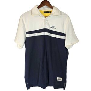 Nautica Short Sleeve Collar Polo Shirt Rugby Logo Colorblock White 100% Cotton L